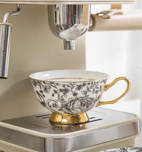 Elegant Flower Ceramic Cups, Unique Royal Coffee Cup and Saucer, Creative Porcelain Tea Cup Saucer Set, Beautiful British Tea Cups-artworkcanvas