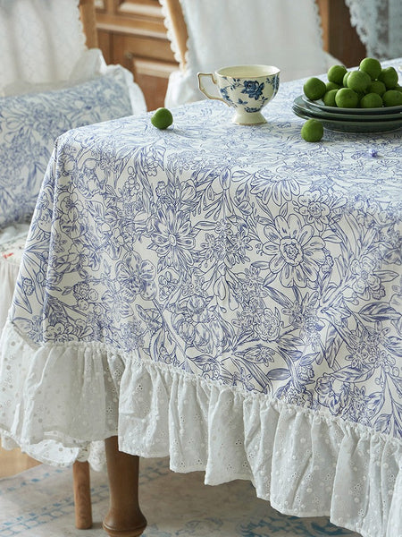 Cotton Rectangle Tablecloth for Dining Room Table, Natural Spring Farmhouse Table Cloth, Blue Flower Pattern Cotton Tablecloth, Square Tablecloth for Round Table-artworkcanvas