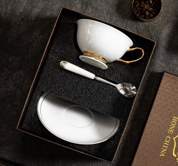 Porcelain Tea Cup Saucer Set, White Ceramic Cups, 7.8 oz British Ceramic Coffee Cups, Unique Tea Cup and Saucer in Gift Box-artworkcanvas