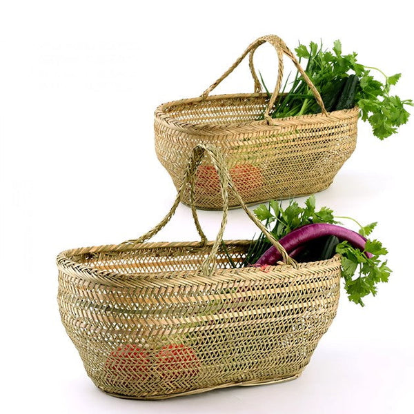 Picnic Food Basket with Handle, Large Natural Hand-woven Bamboo Basket, Lovely Bamboo Baskets for Vegetable, Natural Fruit Basket Kitchen Storage Baskets-artworkcanvas