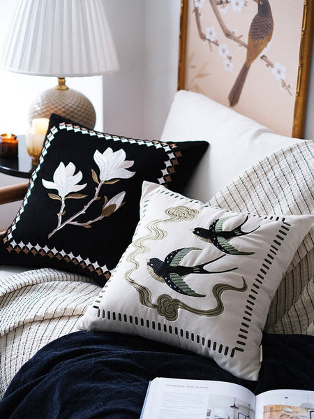 Luxury Decorative Pillows for Couch, Modern Throw Pillows for Couch, Vintage Decorative Pillows, Embroidered Swallow Birds Cushion, Decorative Pillow Arrangement Ideas for Bed-artworkcanvas
