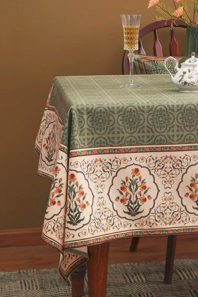 Rectangle Table Cover Ideas for Dining Table, Square Tablecloth for Round Table, Green Flower Pattern Table Cover for Kitchen, Outdoor Picnic Tablecloth-artworkcanvas
