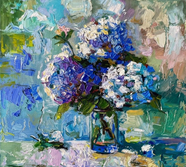 Blue Hydrangeas in Full Bloom, Hand Painted Canvas Art, Still Life Painting, Small Canvas Artwork, Original Flower Paintings, Impasto Heavy Texutre Art