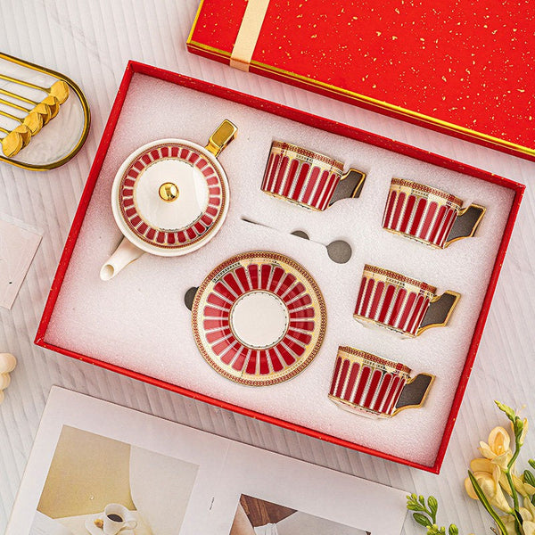 Beautiful Porcelain Tea Cup and Saucer Set of 4 cups, 7.4 oz Red Tea Cup and Saucer Set with Teapot in Gift Box, Modern Ceramic Coffee Cups-artworkcanvas
