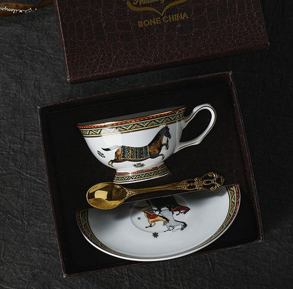 Elegant British Horse Pattern Coffee Cup with Saucer, 7.4 oz Ceramic Tea Cup and Saucer in Gift Box, Porcelain Tea Cup and Saucer Set-artworkcanvas