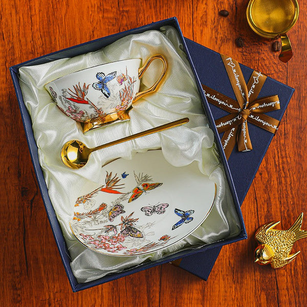 Ceramic Coffee Cups in Gift Box, Butterfly Pattern Porcelain Tea Cup and Saucer Set, British Traditional Afternoon Tea Cup and Saucer Set-artworkcanvas