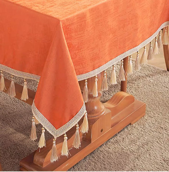 Modern Rectangle Tablecloth, Large Simple Table Cover for Dining Room Table, Orange Fringes Tablecloth for Home Decoration, Square Tablecloth for Round Table-artworkcanvas