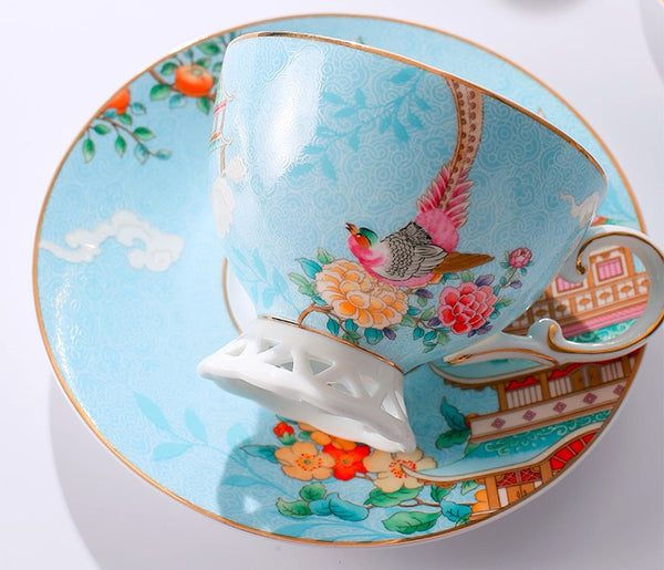 Beautiful Bird Pattern Tea Cups, 8 oz Porcelain Tea Cup Saucer Set of 2 Cups, Elegant Oriental Pheasant Ceramic Cup and Saucer in Gift Box-artworkcanvas