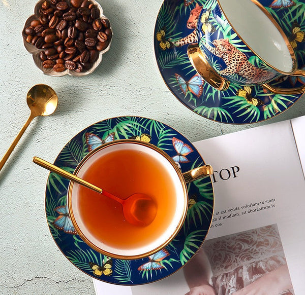 Creative Leopard Ceramic Coffee Cups, 6.8 oz Tea Cup and Saucer in Gift Box as Birthday Gift, Beautiful British Tea Cups, Creative Porcelain Tea Cup Set-artworkcanvas