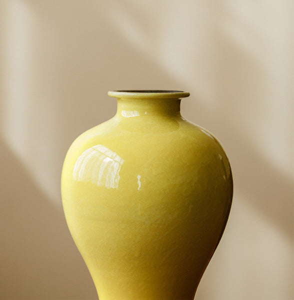 Porcelain Flower Vases, Handmade Water Holding Flower Vase, Yellow Flower Vases on Table, Ceramic Bud Vases-artworkcanvas