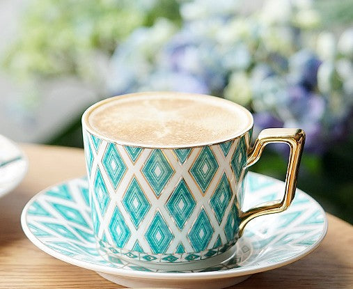 Afternoon Green British Tea Cups, Unique Ceramic Coffee Cups, Creative Porcelain Tea Cup Saucer Set, Traditional English Tea Cup and Saucer-artworkcanvas