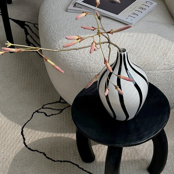 Water Holding Flower Vases, Black and White Striped Ceramic Vase, Porcelain Flower Vases, Modern Flower Vases on Table-artworkcanvas