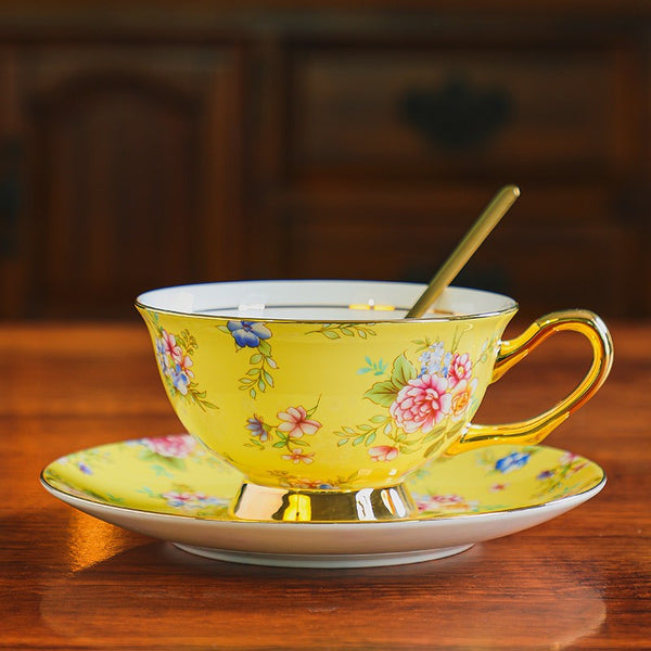 Ceramic Coffee Cup with Saucer, Traditional English Tea Cup and Saucer Set, Floral Porcelain Tea Cup and Saucer Set, Afternoon British Tea Cup with Saucer-artworkcanvas