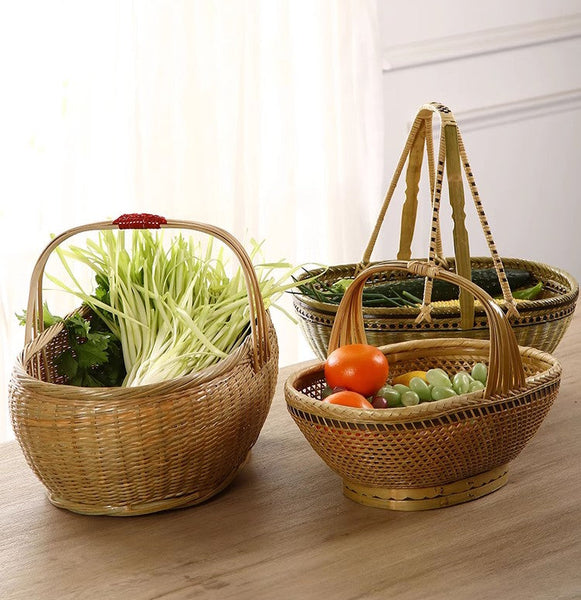 Natural Hand-woven Bamboo Basket, Natural Fruit Basket Kitchen Storage Baskets, Extra Large Picnic Food Basket with Handle, Lovely Bamboo Baskets for Vegetable-artworkcanvas