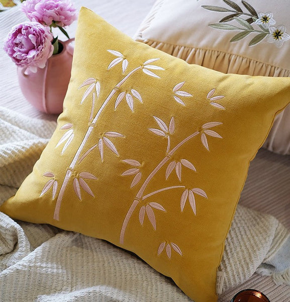 Decorative Pillow Arrangement Ideas for Couch, Large Decorative Pillows for Couch, Modern Throw Pillows for Bedroom, Living Room Decorative Pillows, Yellow Embroidered Bamboo Cushion-artworkcanvas