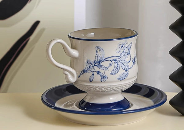 Creative Blue Coffee Cup and Saucer, 8 oz Ceramic Cups for Traditional Afternoon Tea, Creative Porcelain Tea Cup Saucer Set, Beautiful British Tea Cups-artworkcanvas