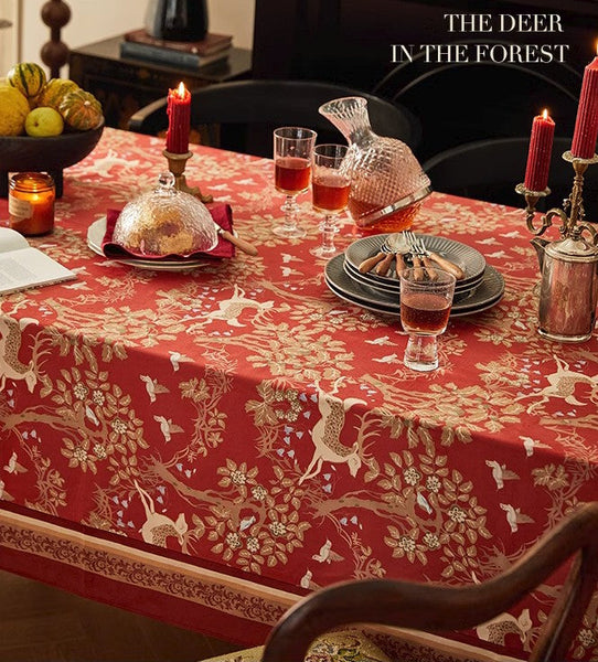 Long Modern Rectangular Tablecloth for Dining Room Table, Forest Deer Red Table Covers, Square Tablecloth for Kitchen, Extra Large Tablecloth for Round Table-artworkcanvas