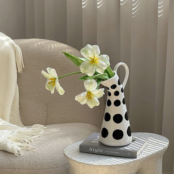 Ceramic Bud Vases, Small Flower Vases on Table, Black and White Polka Dot Flower Vase, Modern Porcelain Flower Vases, Handmade Water Holding Flower Vases-artworkcanvas