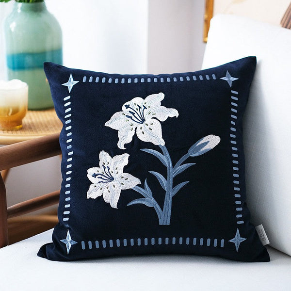 Dark Blue Lily Embroidered Cushion, Living Room Decorative Pillows, Decorative Pillow Arrangement Ideas for Couch, Large Decorative Pillows for Couch, Modern Throw Pillows for Bedroom-artworkcanvas
