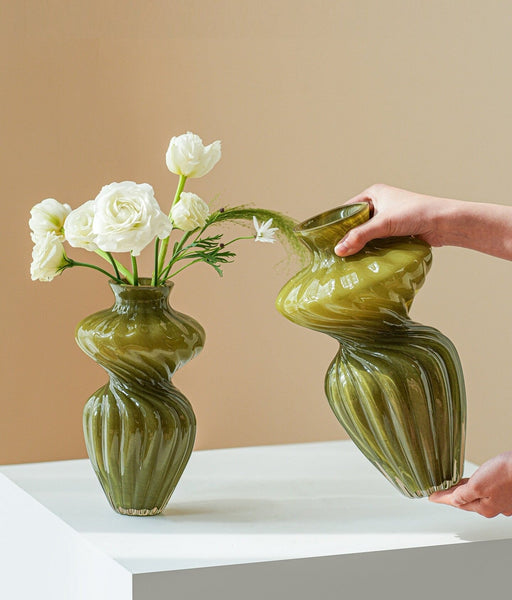 Handmade Contemporary Glass Vases, Modern Green Vases for Living Room, Mid Century Vases for Flowers, Unique Decorative Glass Vase, Centerpiece Vases on Table-artworkcanvas