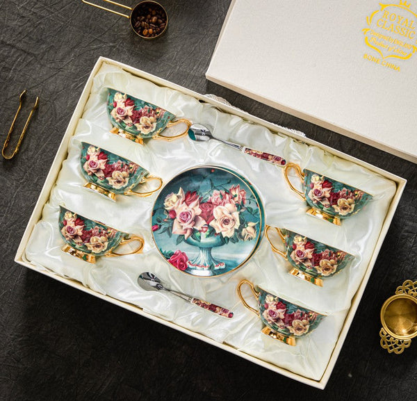 Rose Royal Ceramic Cups, Elegant Flower Ceramic Coffee Cups, Afternoon Porcelain Tea Cup Saucer Set, 6.8 oz Tea Cup and Saucer in Gift Box-artworkcanvas