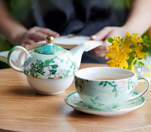Vintage Style Stackable Tea Pot Set, English Style Tea Pot and Cup Set, Ceramic Tea Pot with Integrated Cup, Mother-and-Baby Teapot with Matching Saucer-artworkcanvas