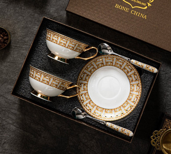Handmade Elegant British Ceramic Coffee Cups, 6.8 oz Tea Cup and Saucer in Gift Box, Porcelain Tea Cup Set for Office, Yellow Ceramic Cups-artworkcanvas