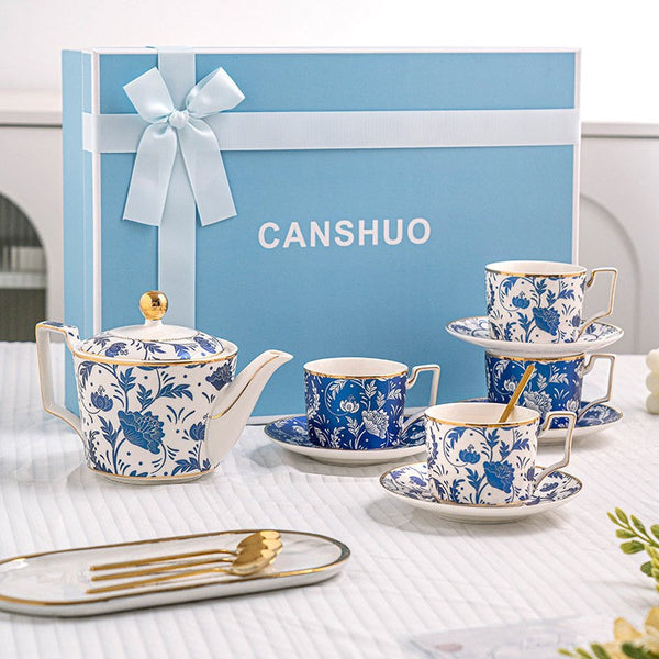 Ceramic Coffee Cup with Saucer in Gift Box, 8 oz Blue Porcelain Tea Cup and Saucer Set of 4 cups, British Traditional Afternoon Tea Cup Set with Teapot-artworkcanvas