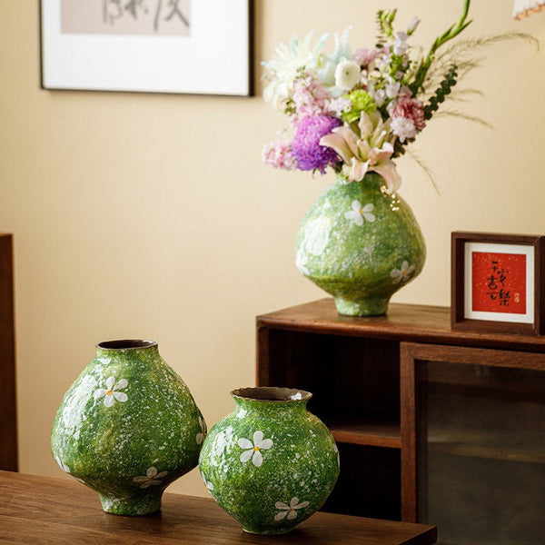 Centerpiece on Dining Table, Handmade Water Holding Flower Vases, Modern Pottery Flower Vases, Pottery Bud Vases, Large Green Flower Vases on Table-artworkcanvas