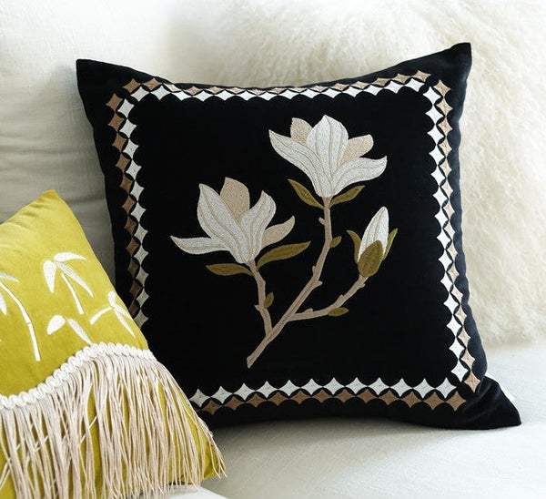 Magnolia Embroidered Cushion, Decorative Pillow Arrangement Ideas for Couch, Large Decorative Pillows for Couch, Modern Throw Pillows for Bedroom, Living Room Decorative Pillows-artworkcanvas