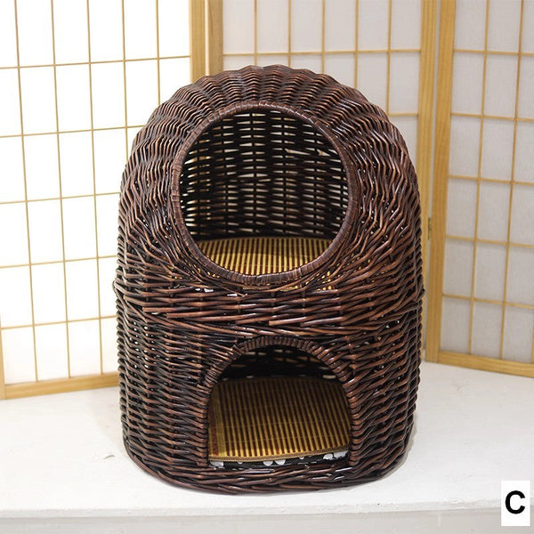 Large Double-Layer Cat Bed, Wicker Cat House Basket with Washable Cushion for Indoor Cats and Dogs-artworkcanvas