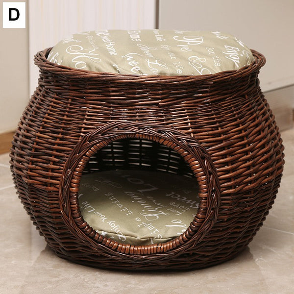 Rattan Cat Bed, Wicker Cat House Basket with Washable Cushion for Indoor Cats and Dogs-artworkcanvas