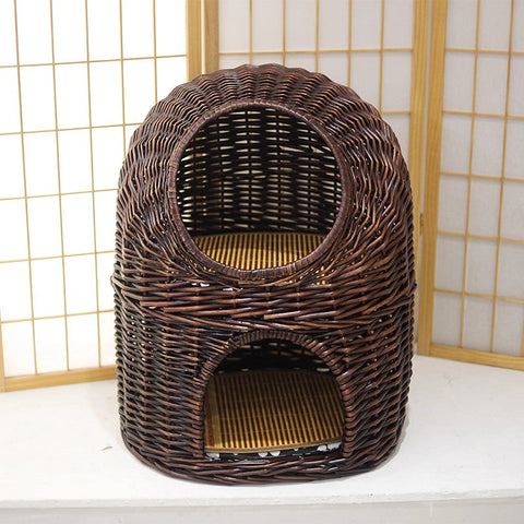 Large Cat House Basket with Washable Cushion for Indoor Cats and Dogs, Double-Layer Cat Bed