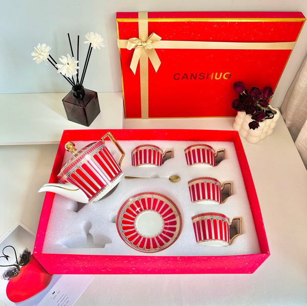Beautiful Porcelain Tea Cup and Saucer Set of 4 cups, 7.4 oz Red Tea Cup and Saucer Set with Teapot in Gift Box, Modern Ceramic Coffee Cups-artworkcanvas