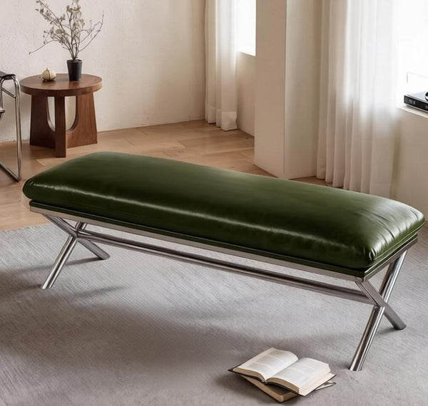 Luxury Genuine Leather Entry Bench, Upholstered Shoe Bench, Contemporay Bedroom Bench, Narrow Entryway Bench, Modern Shoe Changing Ottoman, Mid-Century Hall Bench-artworkcanvas