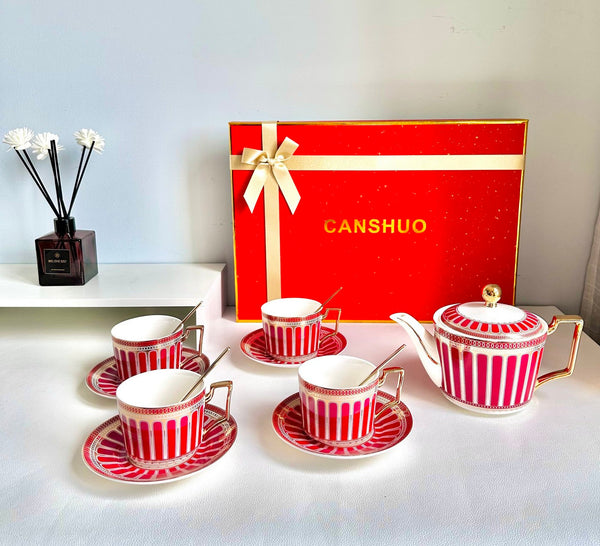Beautiful Porcelain Tea Cup and Saucer Set of 4 cups, 7.4 oz Red Tea Cup and Saucer Set with Teapot in Gift Box, Modern Ceramic Coffee Cups-artworkcanvas