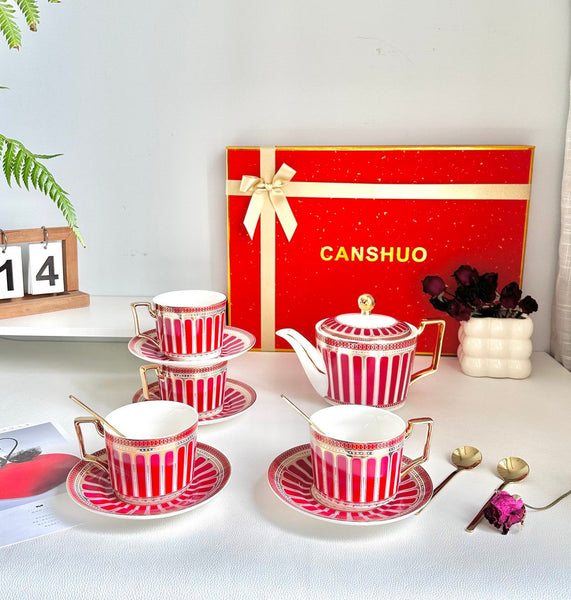 Beautiful Porcelain Tea Cup and Saucer Set of 4 cups, 7.4 oz Red Tea Cup and Saucer Set with Teapot in Gift Box, Modern Ceramic Coffee Cups-artworkcanvas