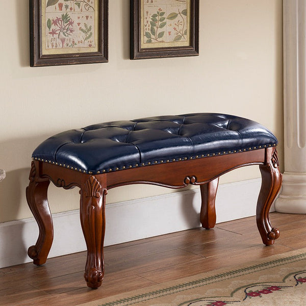 Vintage Blue Leather Stool, Genuine Leather Solid Wood Entry Bench, Rubber Wood Footstool, Farmhouse Entryway Bench, Leather Lounge Chair Modern, Dressing Table Stool-artworkcanvas