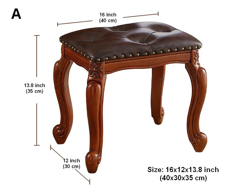 Rubberwood Entry Bench, Vanity Stool, Genuine Leather Solid Wood Entry Bench, Vintage Entry Stool, Solid Wood Ottoman-artworkcanvas