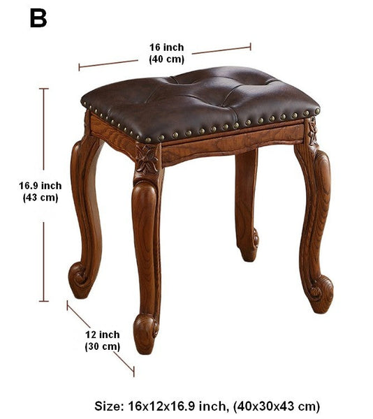 Rubberwood Entry Bench, Vanity Stool, Genuine Leather Solid Wood Entry Bench, Vintage Entry Stool, Solid Wood Ottoman-artworkcanvas