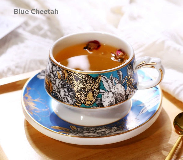 Creative Ceramic Tea Cup and Saucer, Jungle Tiger Cheetah Porcelain Coffee Cups, Unique Ceramic Cups with Gold Trim and Gift Box-artworkcanvas