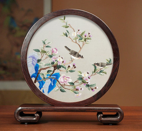 Premium Souvenir, Silk Embroidered Ornament, Exclusive Business Presents, Creative Birthday Gift, Traditional Chinese Suzhou Flower and Birds Embroidery Ornaments-artworkcanvas