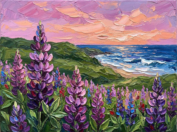 Simple Painting Ideas, Lupines in Bloom by the Sea, Landscape Canvas Paintings, Impasto Wall Art Paintings, Original Oil Paintings, Small Wall Art on Canvas-artworkcanvas