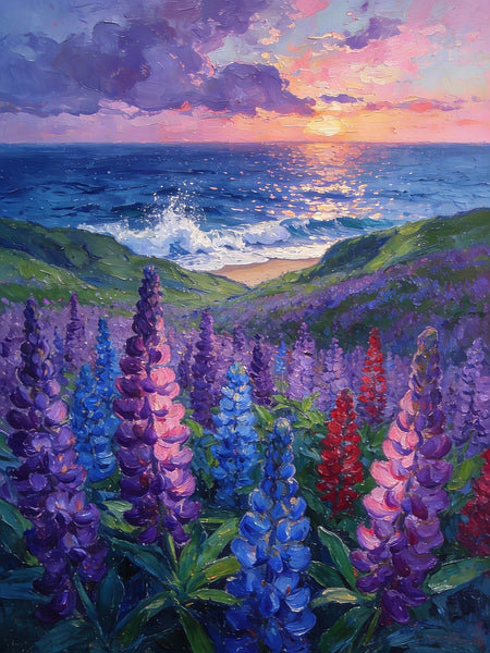 Lupines in Bloom by the Sea, Impasto Paintings, Original Small Paintings, Small Oil Paintings, Small Wall Paintings, Landscape Artwork Canvas Paintings-artworkcanvas
