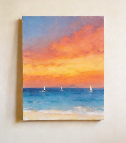 Hand Painted Canvas Artwork, Original Oil Paintings, Sunset Sail on the Horizon, Original Seascape Paintings, Buy Small Paintings Online-artworkcanvas