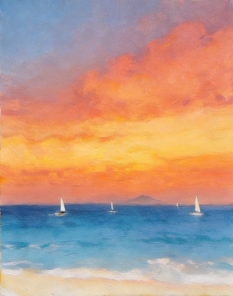 Hand Painted Canvas Artwork, Original Oil Paintings, Sunset Sail on the Horizon, Original Seascape Paintings, Buy Small Paintings Online