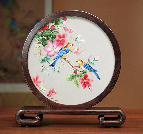Silk Embroidered Ornament, Traditional Chinese Suzhou Flower and Birds Embroidery Ornaments, Exclusive Business Presents, Creative Birthday Gift, Premium Souvenir-artworkcanvas