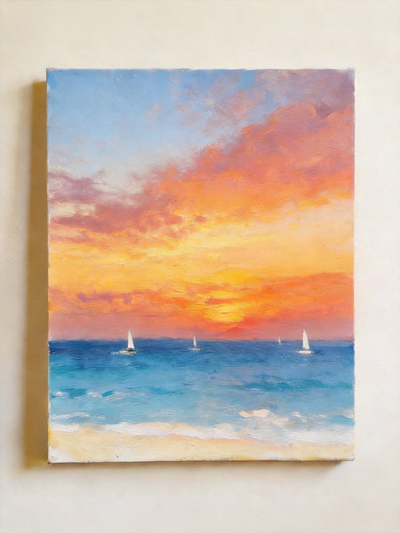Original Oil Paintings, Sunset Sail on the Horizon, Original Seascape Paintings, Hand Painted Canvas Artwork, Buy Small Paintings Online-artworkcanvas