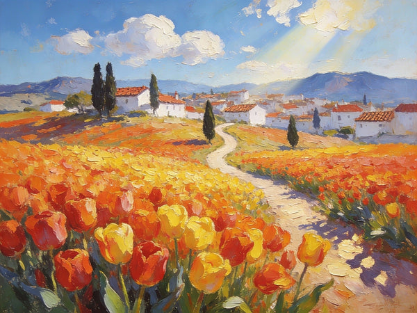 Original Oil Paintings, Village Amidst the Tulip Fields, Small Oil Paintings on Canvas, Small Canvas Paintings, Hand Painted Canvas Art, Simple Painting Ideas, Small Landscape Paintings-artworkcanvas