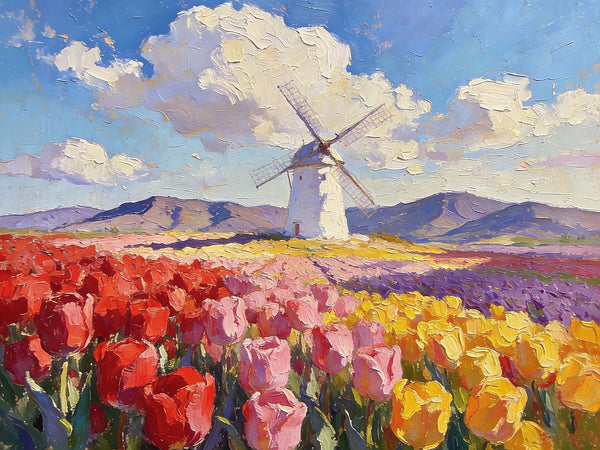 Windmills Amidst the Blooming Tulip Fields, Small Landscape Paintings, Small Oil Paintings on Canvas, Small Canvas Paintings, Original Oil Paintings, Hand Painted Canvas Art, Simple Painting Ideas-artworkcanvas